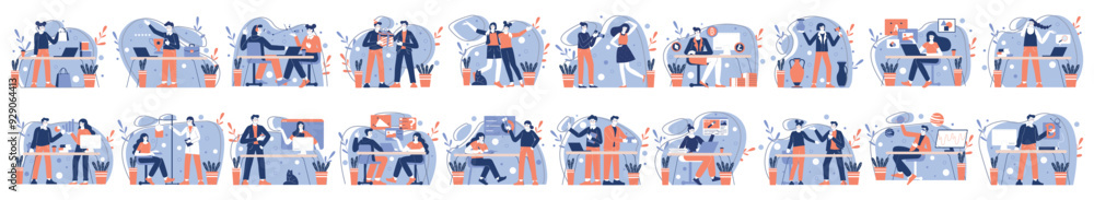 Mega set of different blue concepts with people scene in flat cartoon design. Illustrations cover business, shopping, cyberspace and many other aspects on a blue background. Vector illustration. Mega set of different blue concepts with people scene in flat cartoon design. Illustrations cover business, shopping, cyberspace and many other aspects on a blue background. Vector illustration.