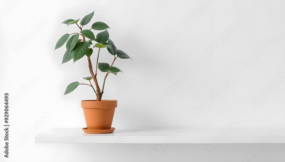 A white wall with a floating white shelf, on which sits a potted plant A white wall with a floating white shelf, on which sits a potted plant