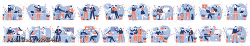 Mega set of different blue concepts with people scene in flat cartoon design. Illustrations cover business, shopping, cyberspace and many other aspects on a blue background. Vector illustration.