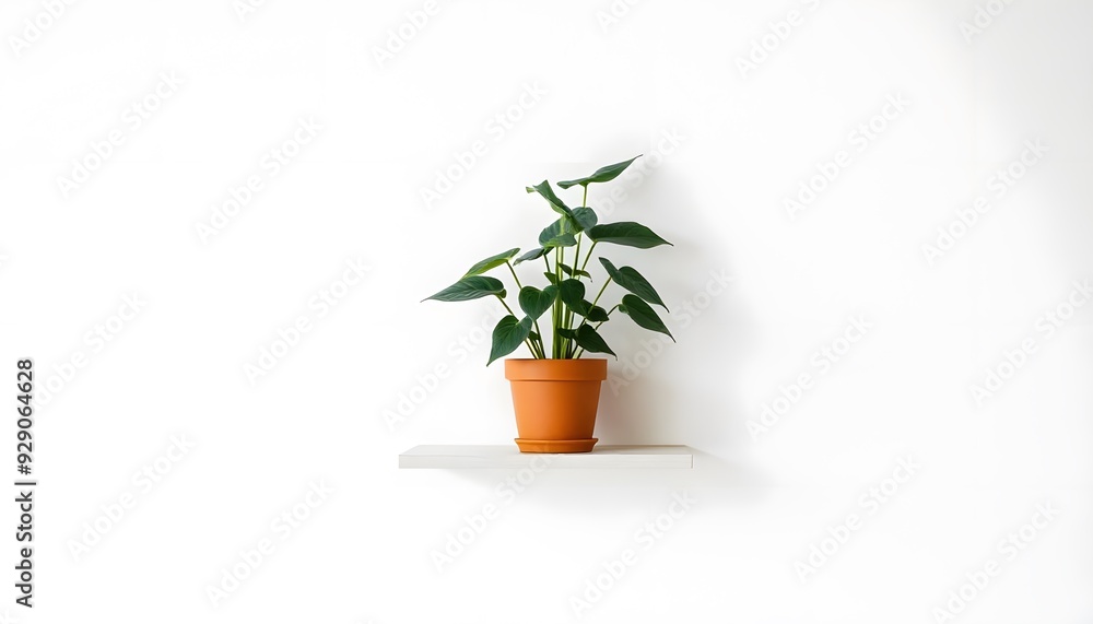 A white wall with a floating white shelf, on which sits a potted plant