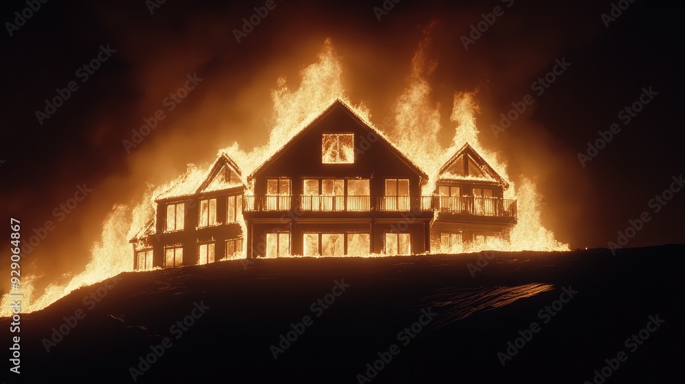 Victorian home engulfed in flames at night, capturing the destruction of an old building Victorian home engulfed in flames at night, capturing the destruction of an old building