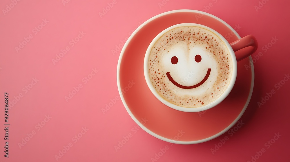 A cup of cappuccino with a smiley face drawn in the foam on top, on a pink background. A cup of cappuccino with a smiley face drawn in the foam on top, on a pink background.