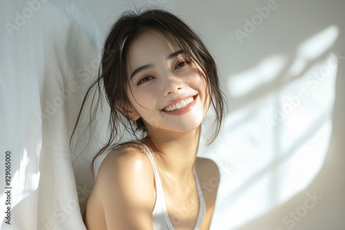 Free Download Beautiful young Asian woman smiling and happy created with Generative AI - GFXLoad