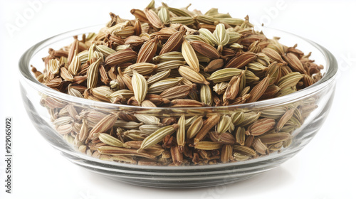 Fennel seeds in a glass bowl isolated on a white background 