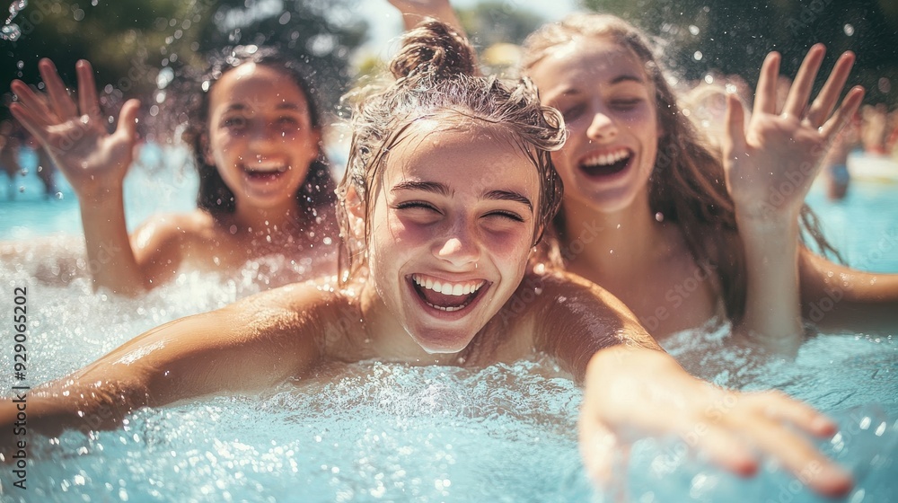 Friends happily splash water while enjoying their time at the pool on a sunny day Friends happily splash water while enjoying their time at the pool on a sunny day