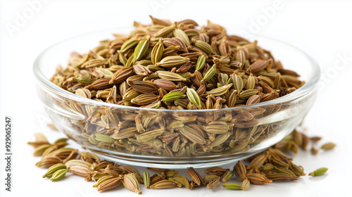 Fennel seeds in a glass bowl isolated on a white background 