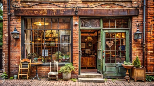 Retro storefront with worn wooden signs, distressed brick walls, and ornate ironwork, evoking a nostalgic charm and inviting customers to discover hidden treasures. photo