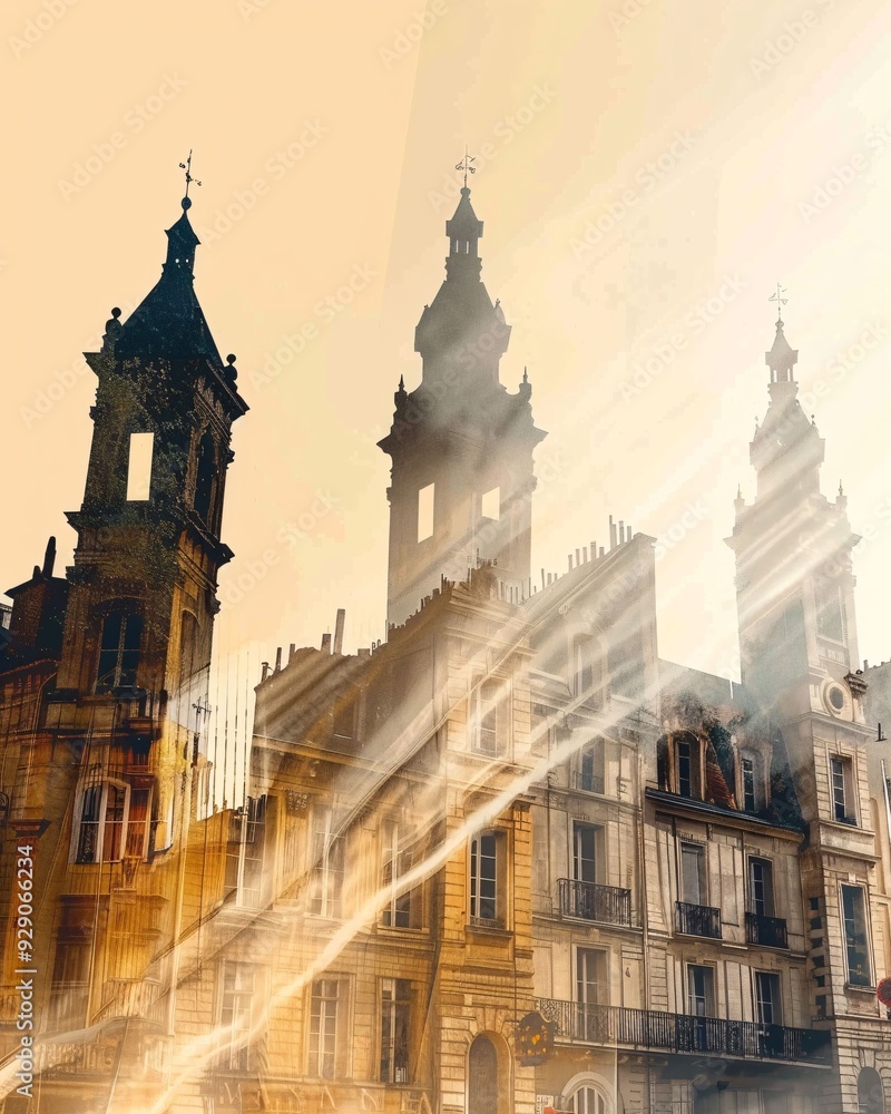 Naklejka premium Montpellier Skyline Beige Double Exposure Composite Art Poster - A building with towers and a light shining through