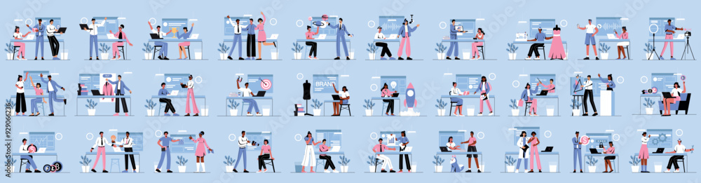 Bundle of blue background concepts with people scene in flat cartoon design. A massive collection of bright illustrations with various life situations with white elements. Vector illustration. Bundle of blue background concepts with people scene in flat cartoon design. A massive collection of bright illustrations with various life situations with white elements. Vector illustration.