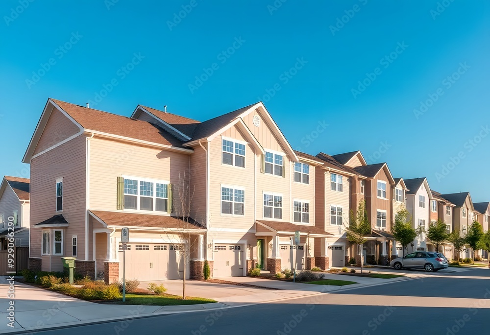 A row of modern townhouses with beige siding, blue shutters, and attached garages. The houses are set against a clear blue sky A row of modern townhouses with beige siding, blue shutters, and attached garages. The houses are set against a clear blue sky