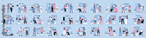Bundle of blue background concepts with people scene in flat cartoon design. A massive collection of bright illustrations with various life situations with white elements. Vector illustration.