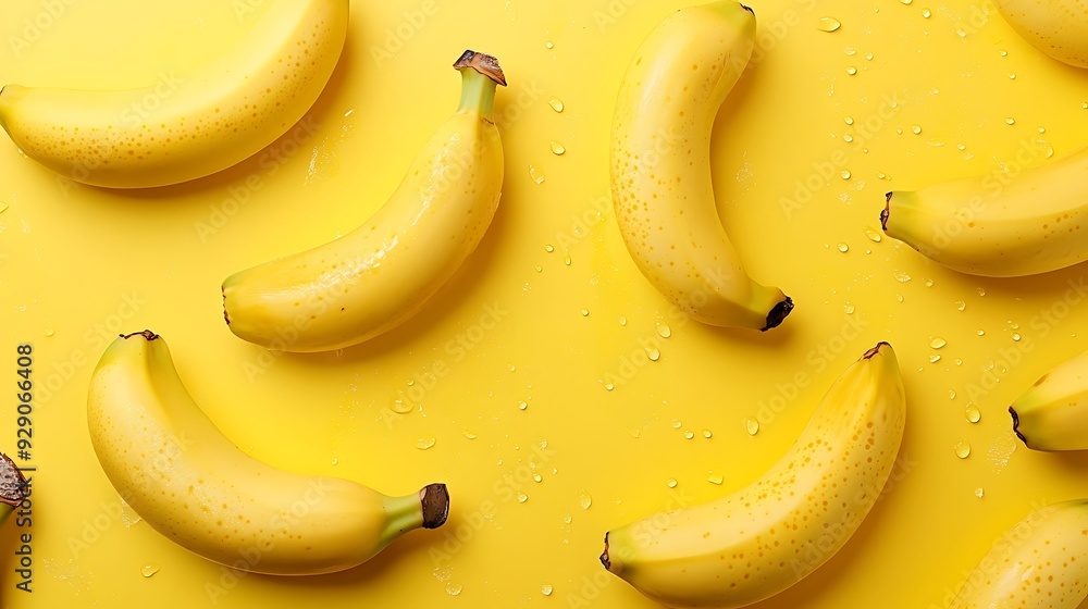 Several yellow bananas with water droplets on a vibrant yellow background. Several yellow bananas with water droplets on a vibrant yellow background.