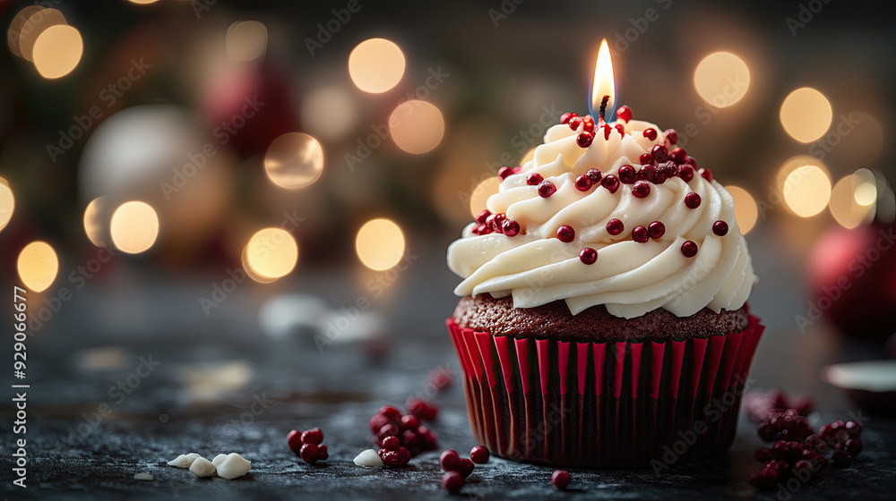 Festive Christmas cupcake with candle, bokeh effect Festive Christmas cupcake with candle, bokeh effect