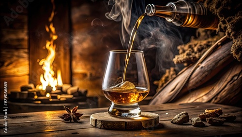 Rich amber liquid pours into a Glencairn glass, surrounded by wood accents, dim lighting, and subtle smoke, evoking a sophisticated, vintage atmosphere. photo