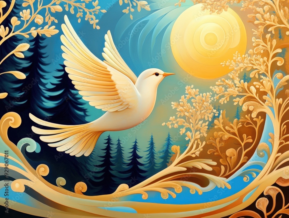 Obraz premium A golden bird soars through an enchanting forest under a radiant sun