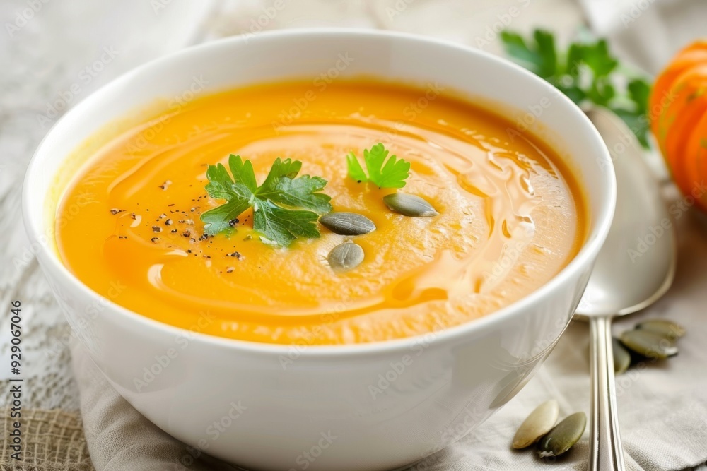 A creamy bowl of pumpkin soup garnished with fresh parsley and pumpkin seeds, exuding warmth and comfort. A creamy bowl of pumpkin soup garnished with fresh parsley and pumpkin seeds, exuding warmth and comfort.