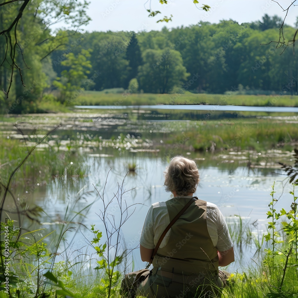 Overweight Person Birdwatching in Serene Nature Reserve Landscape
