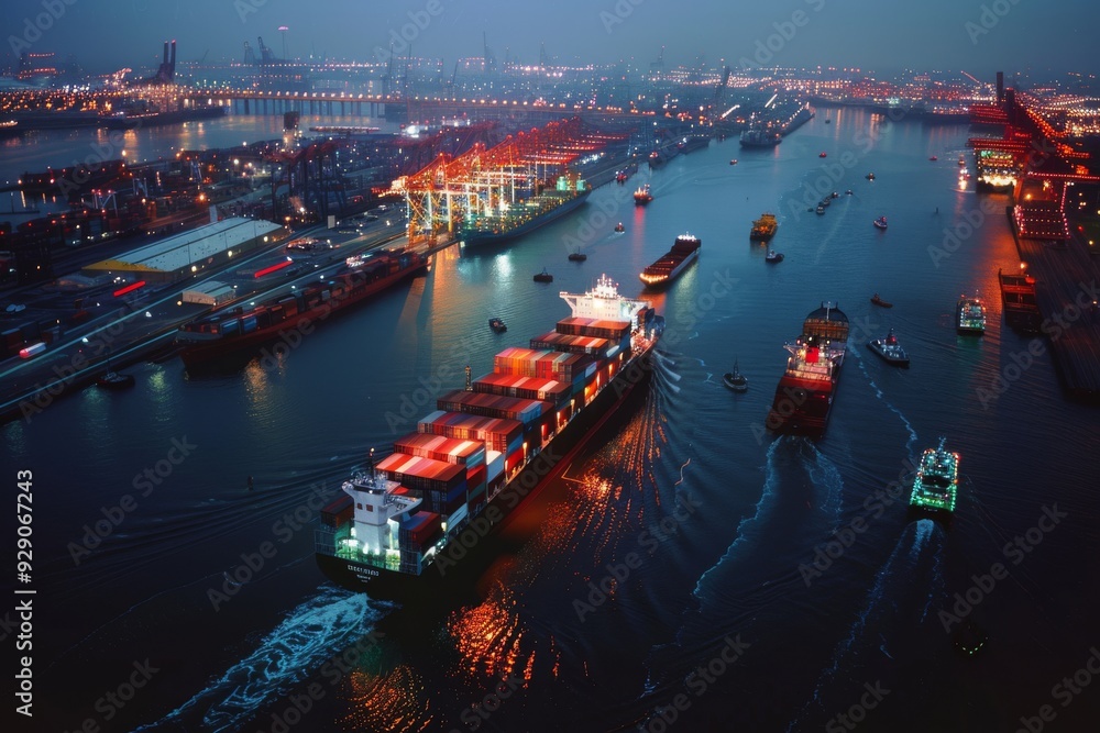 A night-time view of a bustling harbor illuminated with lights, featuring multiple cargo ships and a well-lit cityscape, depicting the lifeline of global trade. A night-time view of a bustling harbor illuminated with lights, featuring multiple cargo ships and a well-lit cityscape, depicting the lifeline of global trade.