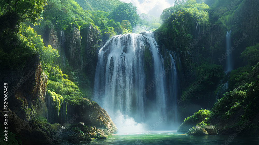 A powerful waterfall in a lush jungle setting, with mist rising from the water, creating a peaceful and refreshing environment. A powerful waterfall in a lush jungle setting, with mist rising from the water, creating a peaceful and refreshing environment.