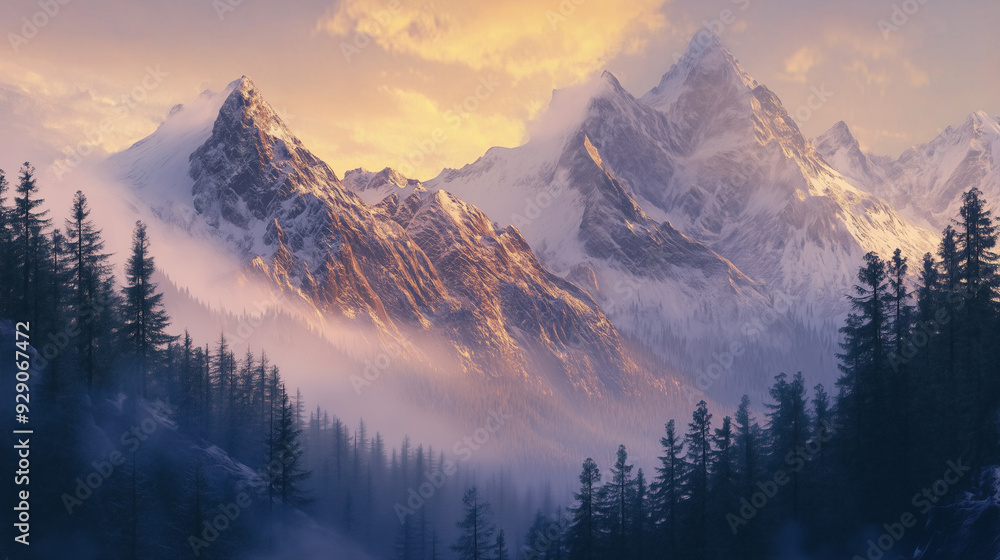 Snow-capped mountains overlooking a dense pine forest, with morning mist and warm sunlight creating a tranquil scene. Snow-capped mountains overlooking a dense pine forest, with morning mist and warm sunlight creating a tranquil scene.