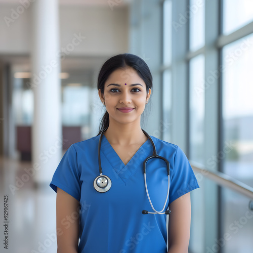 
A portrait of an Indian nurse in blue scrubs, standing confidently with her stethoscope around her neck and looking directly at the camera
