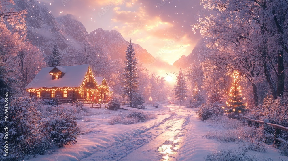 Charming Winter Holiday Scene with Snow-Covered Landscape and Festive Decorations Charming Winter Holiday Scene with Snow-Covered Landscape and Festive Decorations