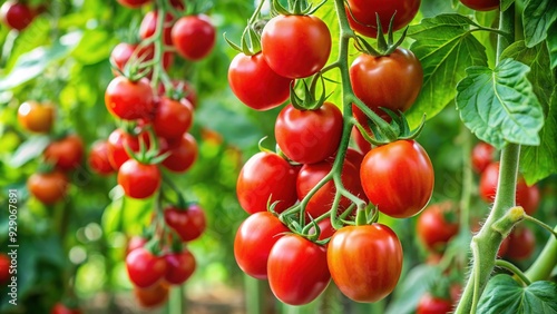 Ripe red tomatoes hang from the stem, surrounded by lush green vine leaves and delicate tendrils, evoking a sense of summer freshness and organic abundance.