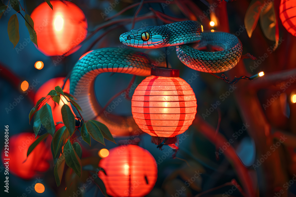 Fototapeta premium Background with New Year decoration and snake in Santa Claus hat, symbol of 2025.