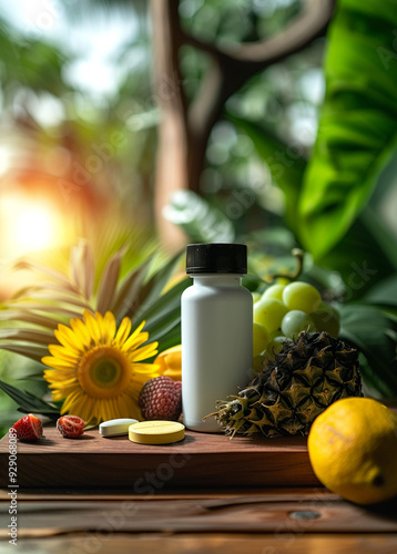 one Vitamin supplement with black lids and white bottle stickers in the middle, The background is lifestyle scense,noni fruit ,bright tone
 photo