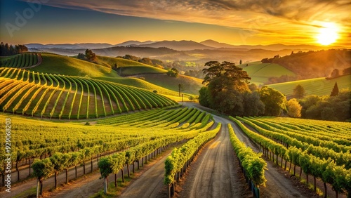 Rolling hills of lush vineyards stretch towards the horizon under a warm golden light in California's picturesque wine country landscape.