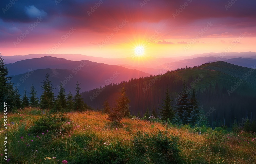 A stunning sunrise over the Carpathian Mountains, with vibrant colors painting the sky and lush greenery stretching as far as they can see Generative AI A stunning sunrise over the Carpathian Mountains, with vibrant colors painting the sky and lush greenery stretching as far as they can see Generative AI