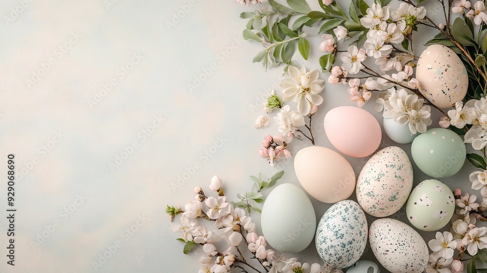 Pastel Easter Eggs and Spring Blossoms: A delicate arrangement of pastel-hued Easter eggs nestled amongst blooming spring blossoms. Pastel Easter Eggs and Spring Blossoms: A delicate arrangement of pastel-hued Easter eggs nestled amongst blooming spring blossoms.