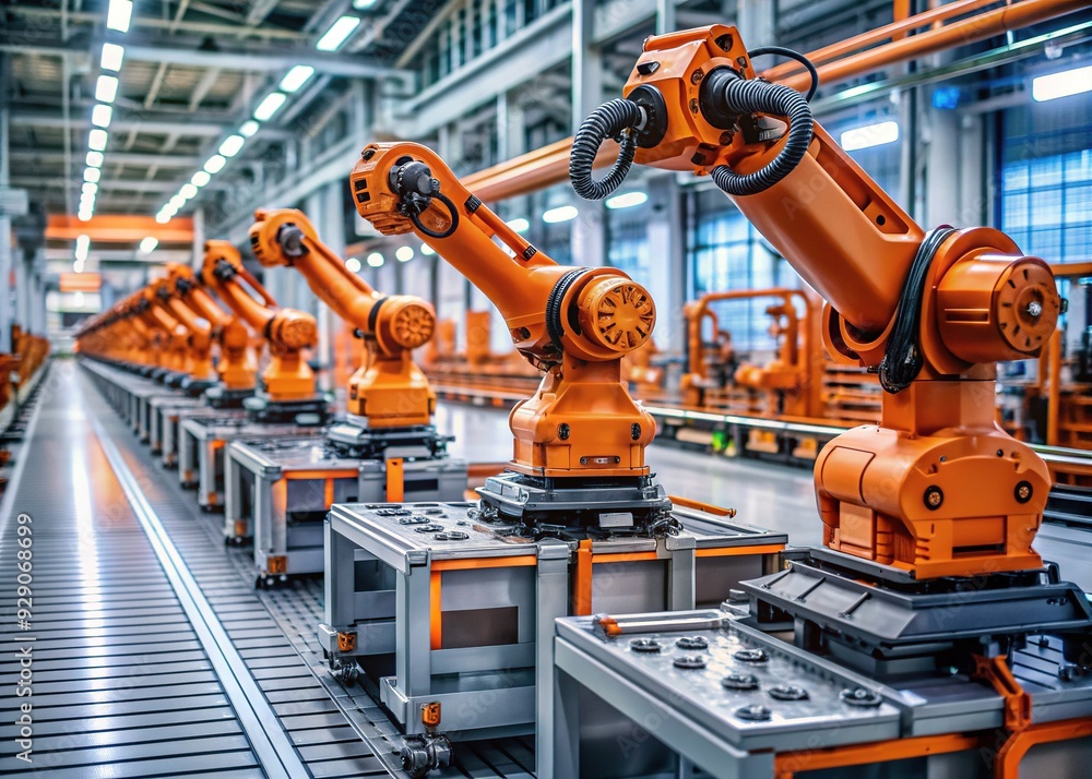 Row of advanced orange industrial robot arms assemble EV battery packs on an automated production line, showcasing modern electric car manufacturing inside a smart factory. Row of advanced orange industrial robot arms assemble EV battery packs on an automated production line, showcasing modern electric car manufacturing inside a smart factory.