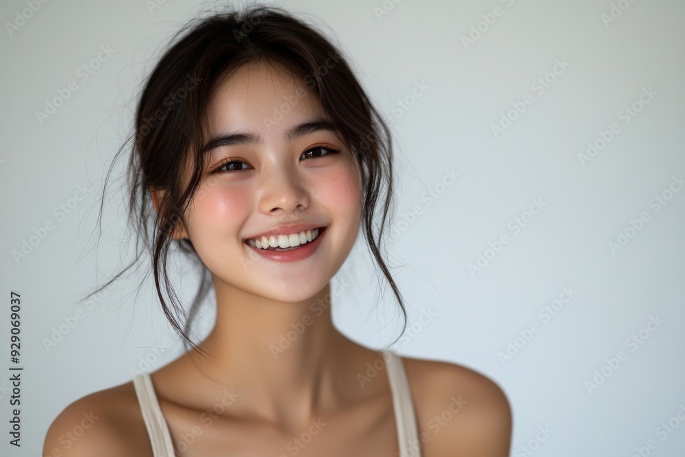 Beautiful young Asian woman smiling and happy created with Generative AI Beautiful young Asian woman smiling and happy created with Generative AI