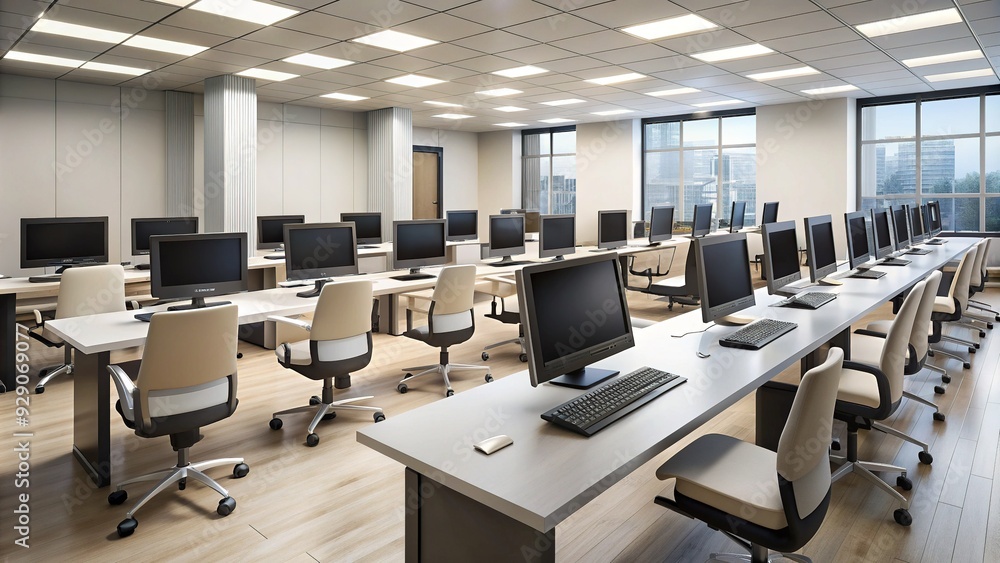 Rows of computers lining a modern testing center, multiple monitors displaying various assessment screens, with neutral-colored walls and a clean, organized atmosphere. Rows of computers lining a modern testing center, multiple monitors displaying various assessment screens, with neutral-colored walls and a clean, organized atmosphere.