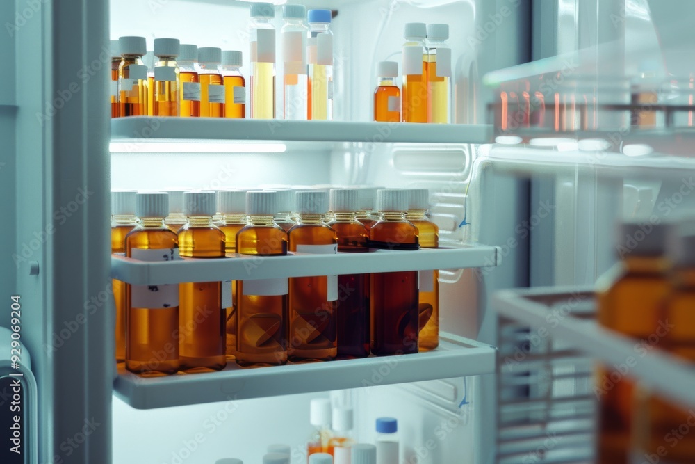 Inside a pharmaceutical fridge, several shelves are filled with neatly organized amber medicine bottles, bathed in cool light. Inside a pharmaceutical fridge, several shelves are filled with neatly organized amber medicine bottles, bathed in cool light.