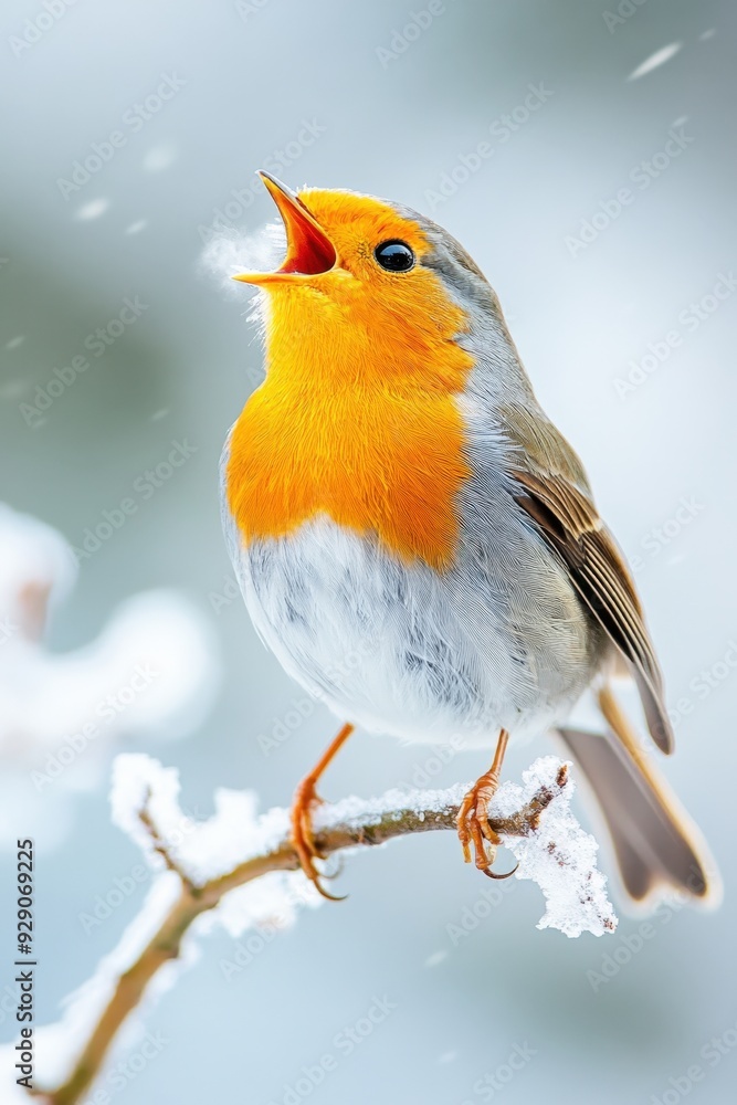 A cheerful robin sings on a snowy branch during a crisp winter morning
