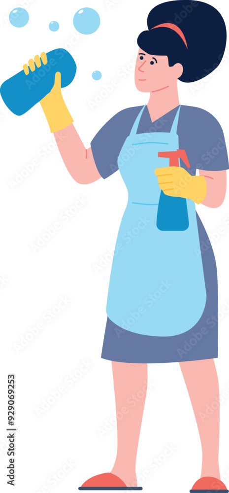 Maid cleaning with water spray and sponge. House holding worker Maid cleaning with water spray and sponge. House holding worker