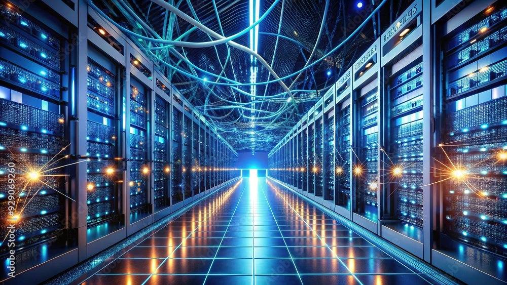 Rows of servers hum with activity in a brightly lit, state-of-the-art data center, as blinking lights and wires create a maze of futuristic technology. Rows of servers hum with activity in a brightly lit, state-of-the-art data center, as blinking lights and wires create a maze of futuristic technology.