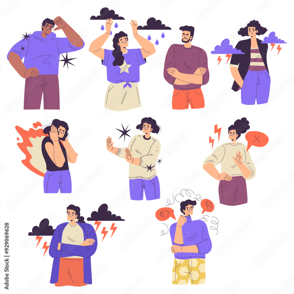 Negative Emotion with Man and Woman Express Feeling Vector Set Negative Emotion with Man and Woman Express Feeling Vector Set