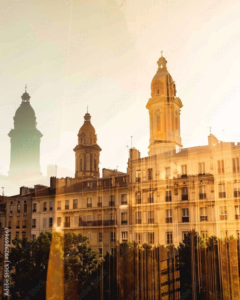 Obraz premium Toulon Skyline Double Exposure Composite Art - A building with a clock tower