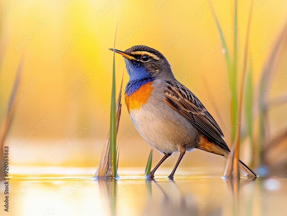 Fototapeta premium A vibrant serenade from a Bluethroat amidst shimmering marsh grasses at dawn