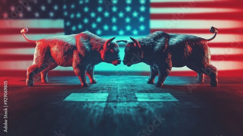 Two Bull Statues Facing Each Other Against an American Flag Background photo