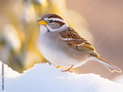 A charming winter sparrow perched on fresh snow at dawn photo