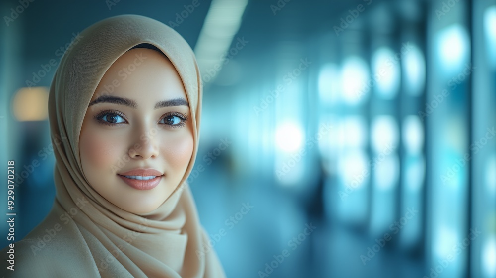 A woman dressed in a hijab displays a warm smile while standing in a well-lit indoor location with soft background. copy space. A woman dressed in a hijab displays a warm smile while standing in a well-lit indoor location with soft background. copy space.