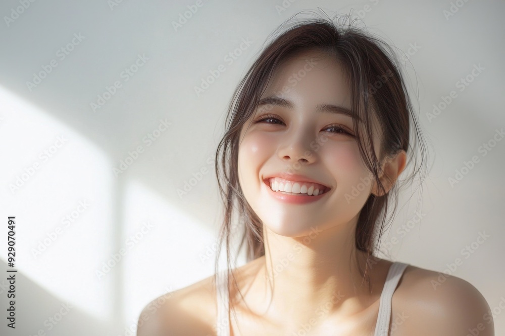Beautiful young Asian woman smiling and happy created with Generative AI Beautiful young Asian woman smiling and happy created with Generative AI