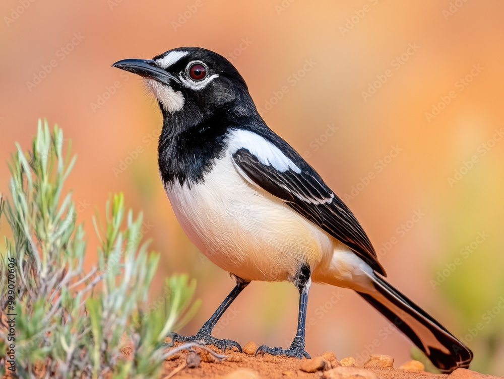 A striking black and white bird perched amidst vibrant desert foliage at sunset A striking black and white bird perched amidst vibrant desert foliage at sunset