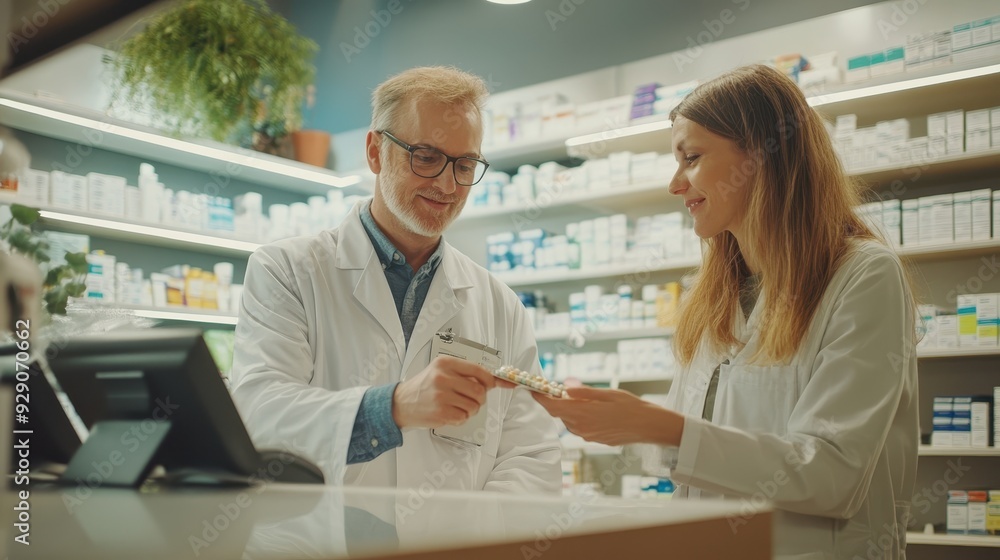 Fototapeta premium A pharmacist provides guidance to a customer about their medication in a bright pharmacy
