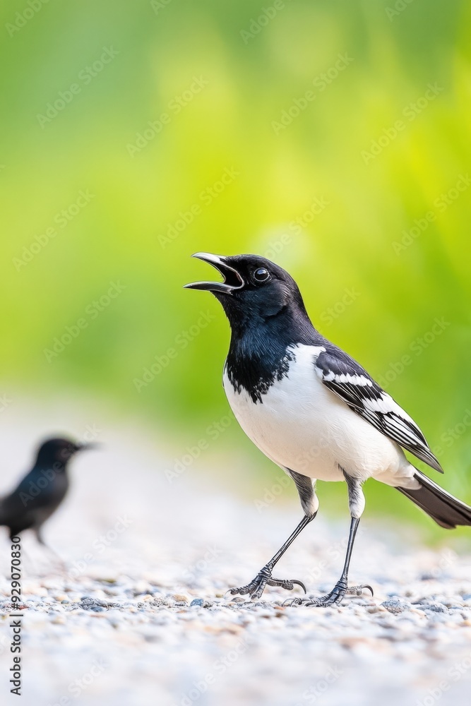 A pair of birds interact on a gravel path in a sunlit meadow during springtime A pair of birds interact on a gravel path in a sunlit meadow during springtime