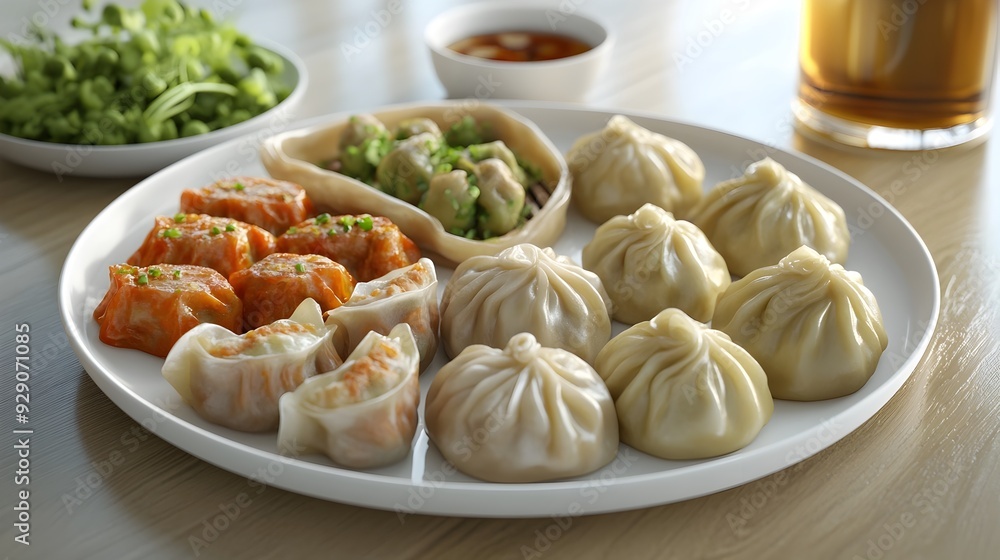 A 3D rendered image showcasing an elegant plate of vegetarian dim sum including steamed buns and dumplings A 3D rendered image showcasing an elegant plate of vegetarian dim sum including steamed buns and dumplings